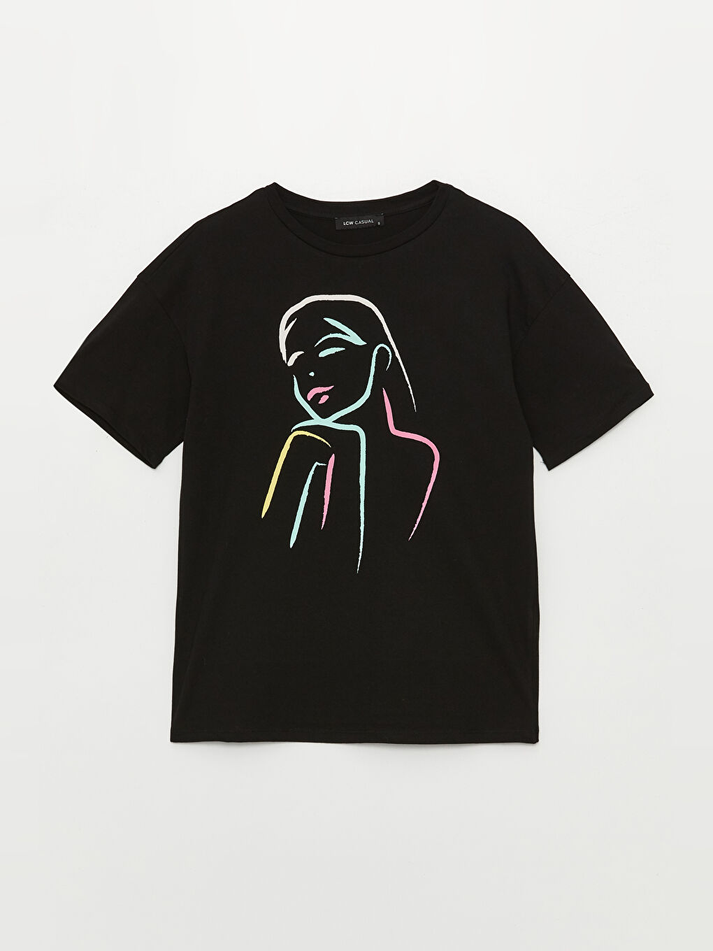 Siyah Bisiklet Yaka Baskılı Kısa Kollu Kadın Tişört-5