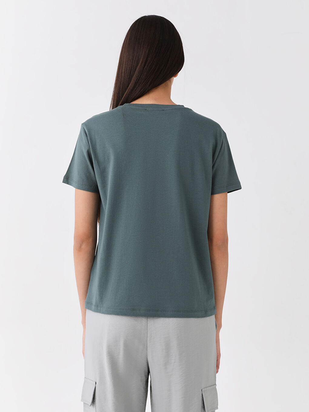 Antrasit Bisiklet Yaka Baskılı Kısa Kollu Kadın Tişört-4