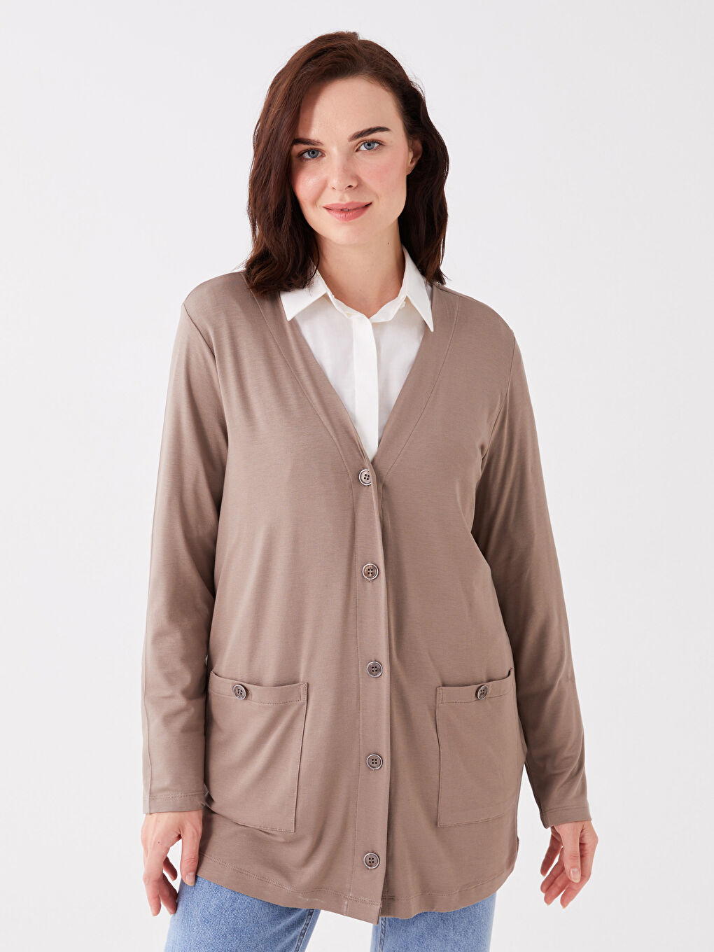 Bej V Yaka Düz Uzun Kollu Kadın Hırka