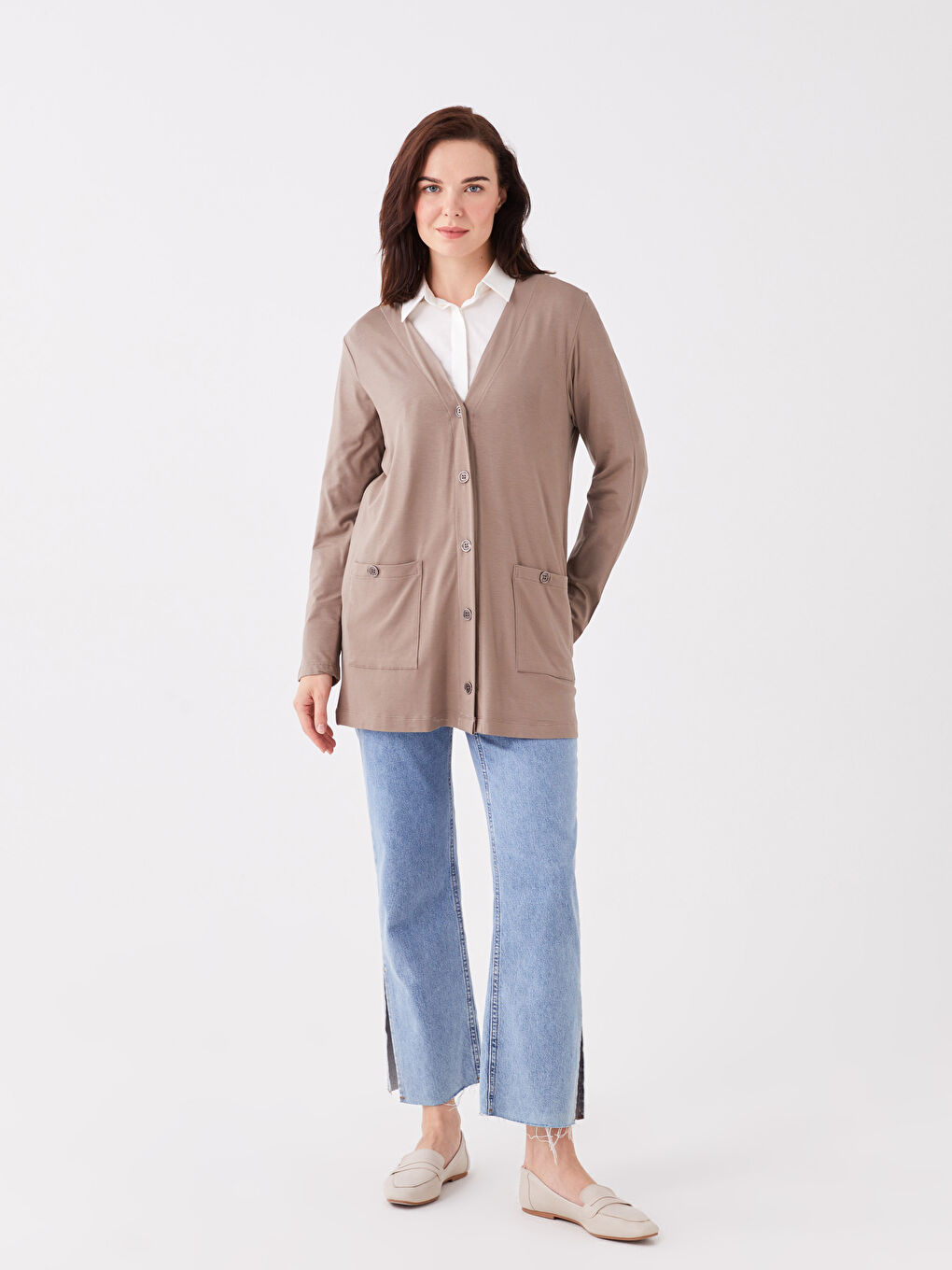 Bej V Yaka Düz Uzun Kollu Kadın Hırka-2