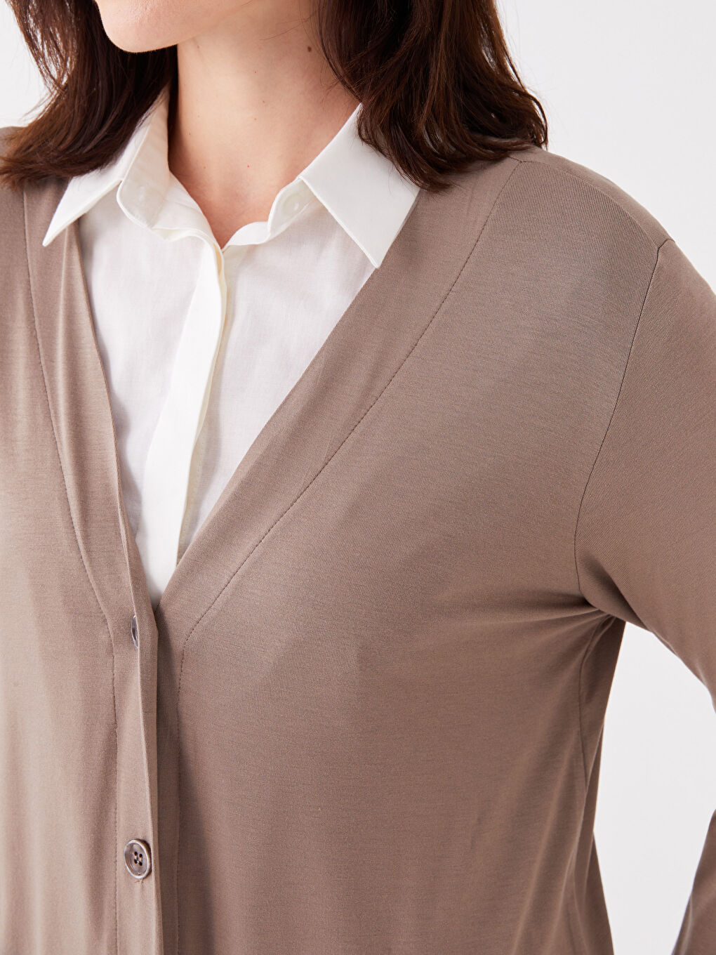 Bej V Yaka Düz Uzun Kollu Kadın Hırka-3