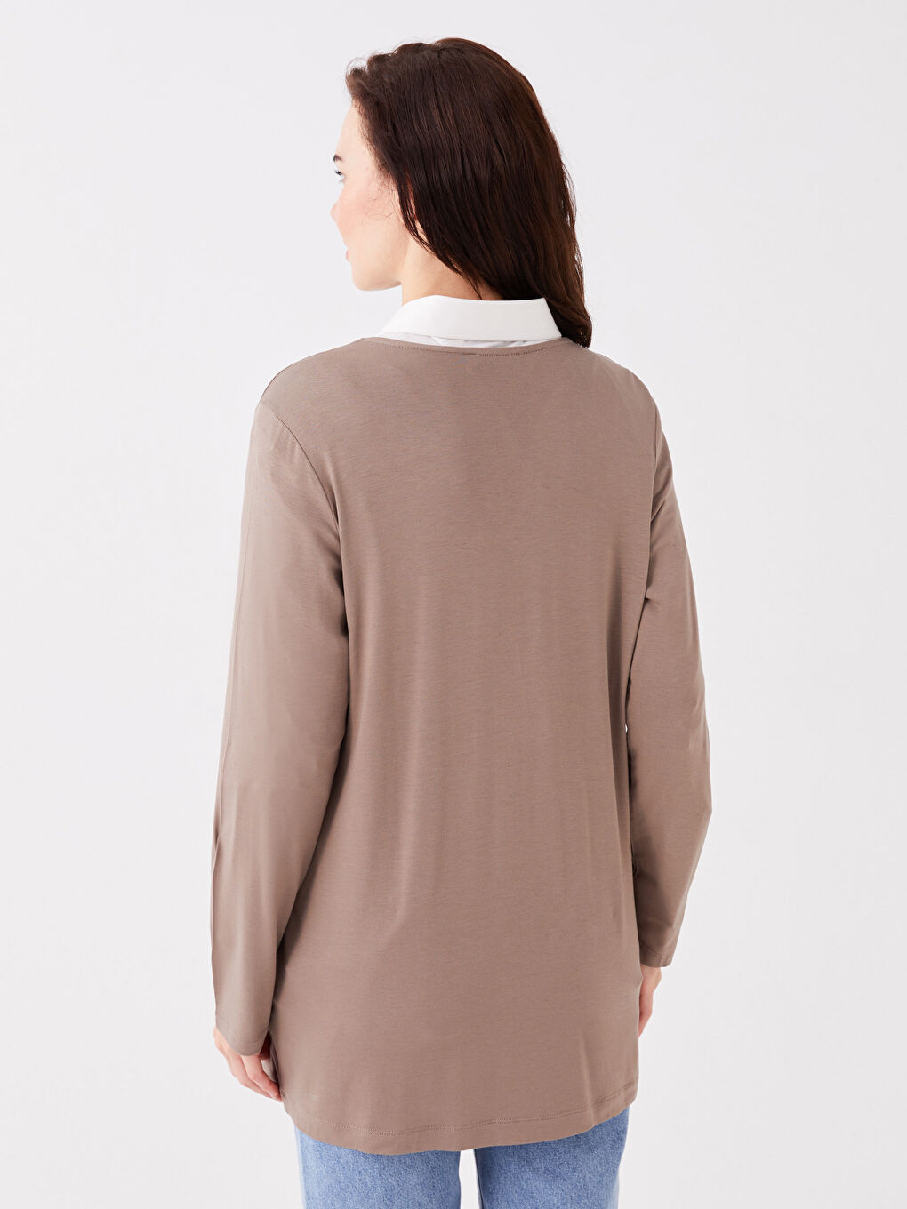 Bej V Yaka Düz Uzun Kollu Kadın Hırka-4