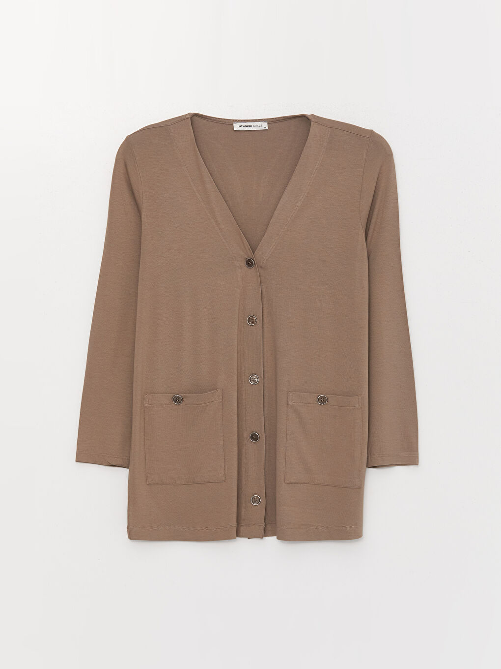 Bej V Yaka Düz Uzun Kollu Kadın Hırka-5