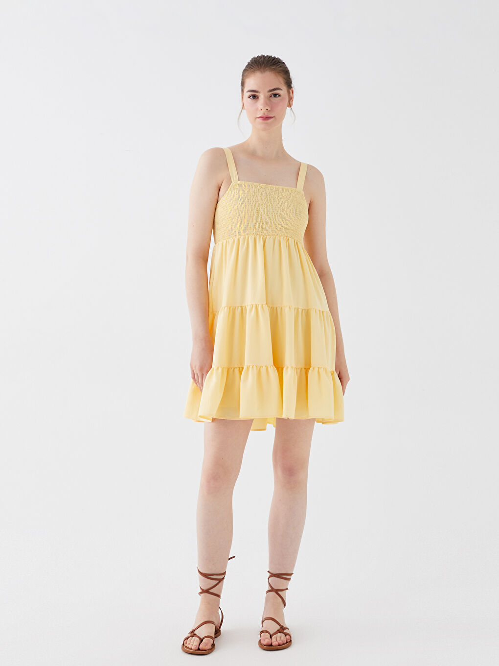 Sarı Kare Yaka Düz Askılı Kadın Elbise-1