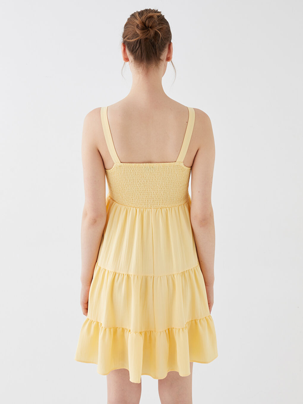 Sarı Kare Yaka Düz Askılı Kadın Elbise-4