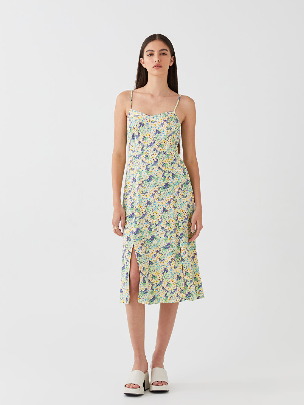 Yeşil Kalp Yaka Çiçekli Askılı Kadın Elbise-2