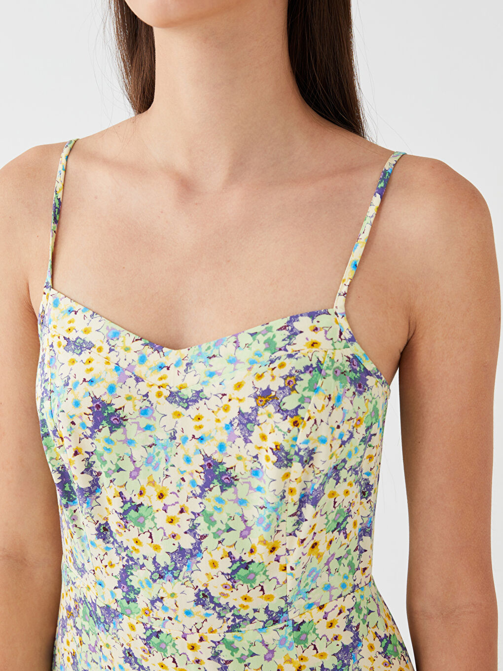 Yeşil Kalp Yaka Çiçekli Askılı Kadın Elbise-3