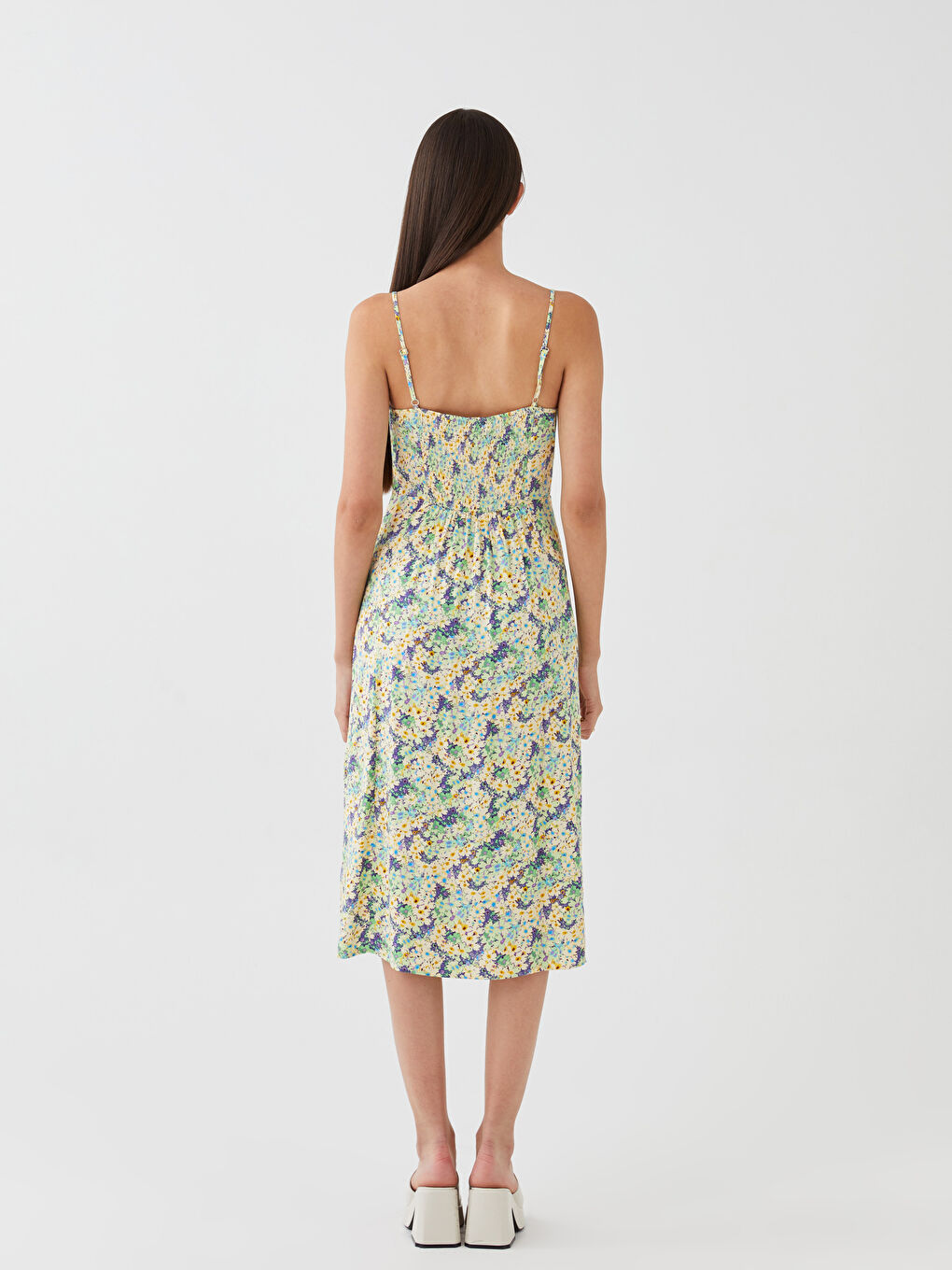 Yeşil Kalp Yaka Çiçekli Askılı Kadın Elbise-4