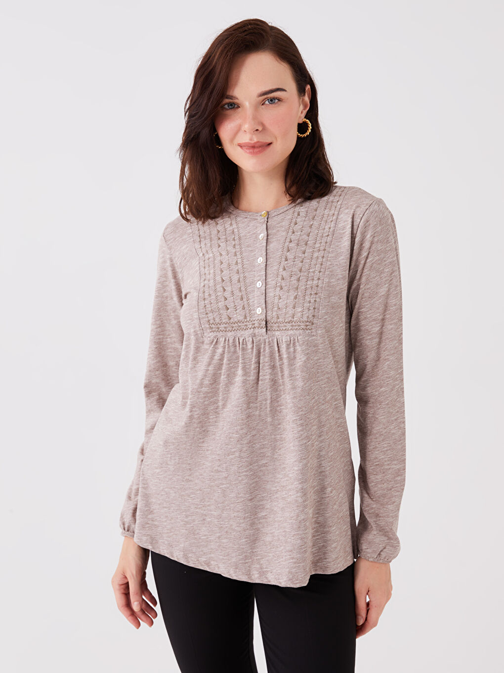 Crew Neck Self-Patterned Long Sleeve Women's Blouse