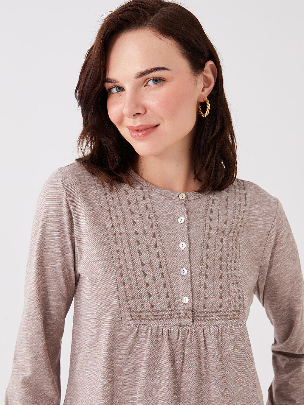 Crew Neck Self-Patterned Long Sleeve Women's Blouse-1