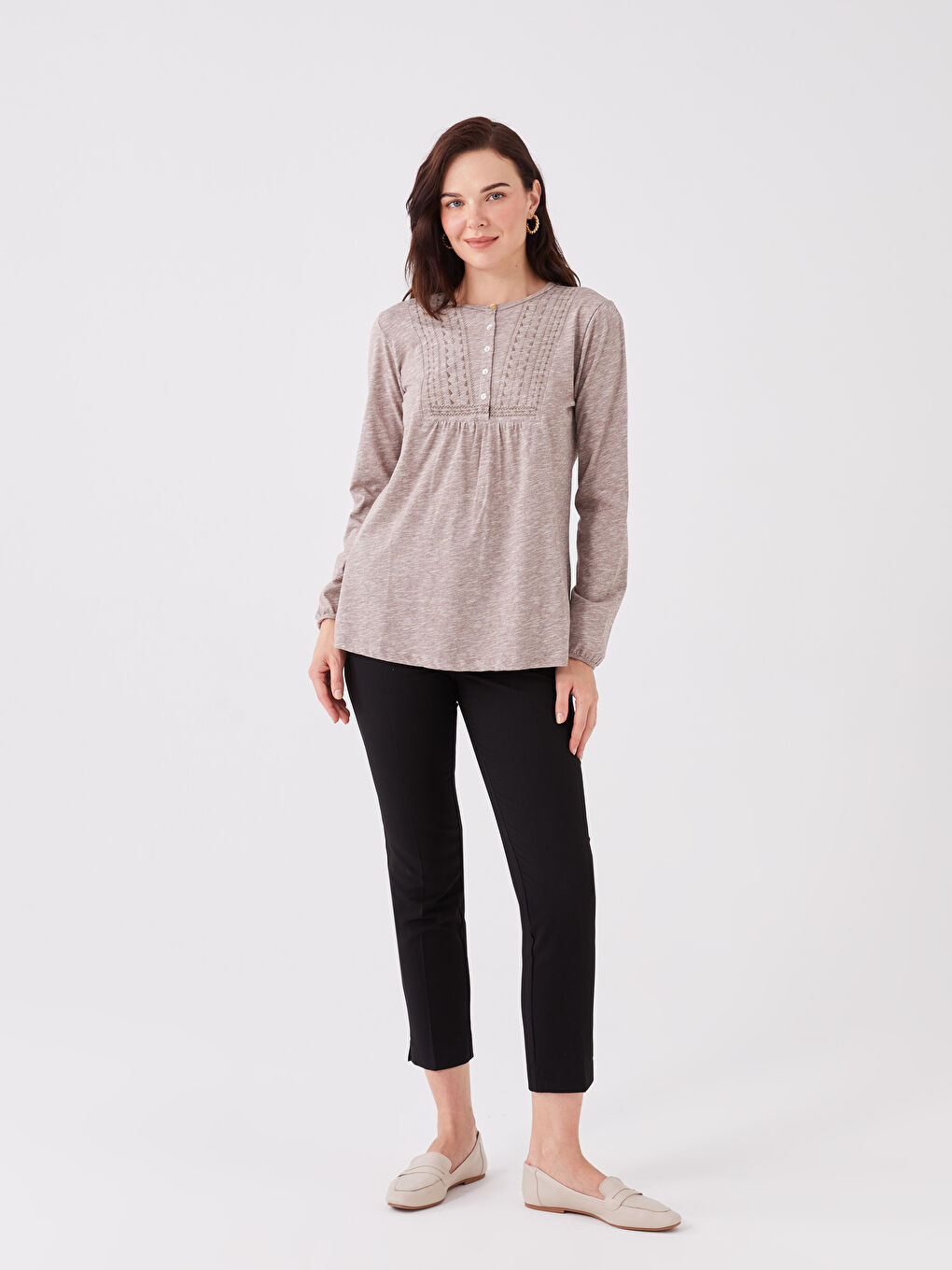 Crew Neck Self-Patterned Long Sleeve Women's Blouse-2