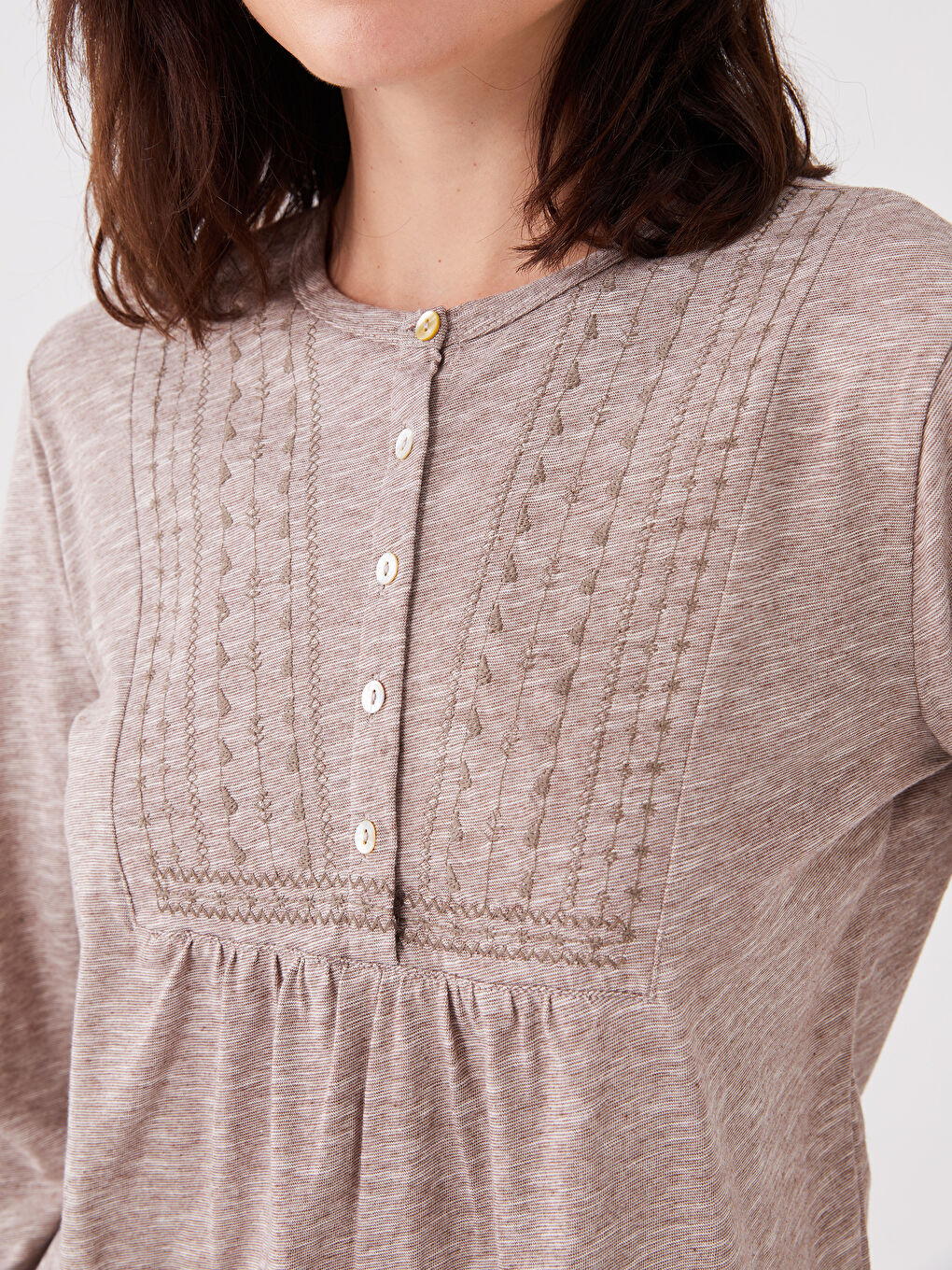 Crew Neck Self-Patterned Long Sleeve Women's Blouse-3