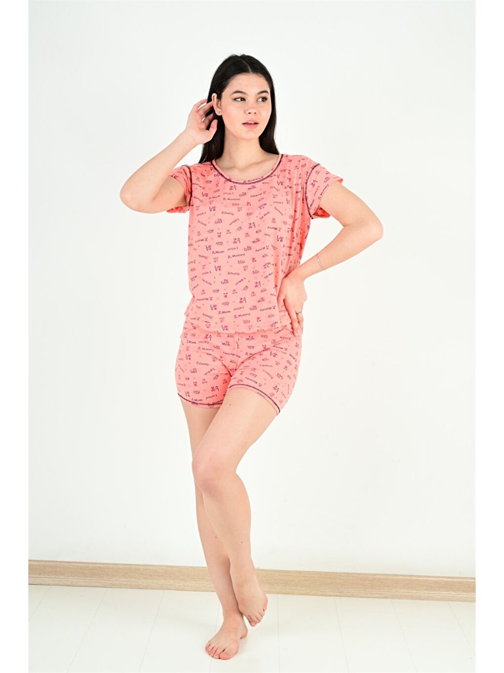 Pembe Bisiklet Yaka Baskılı Kadın Pijama Takımı