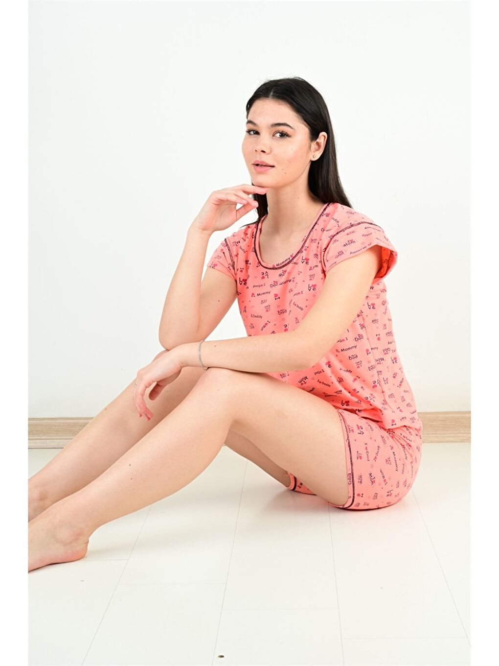 Pembe Bisiklet Yaka Baskılı Kadın Pijama Takımı-1