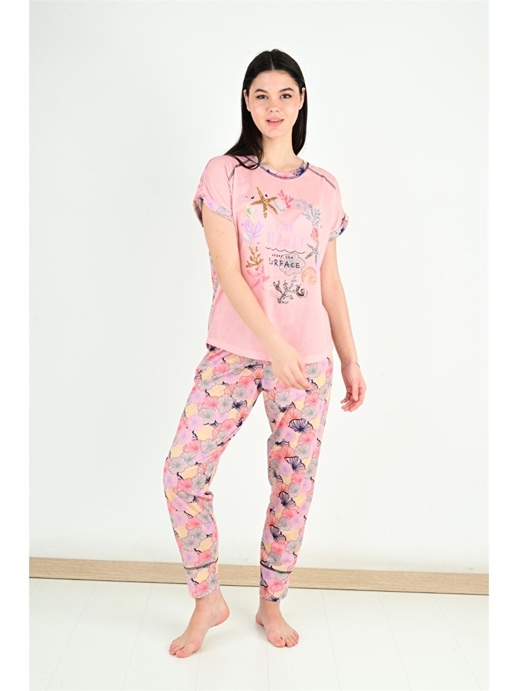 Pembe Bisiklet Yaka Baskılı Kadın Pijama Takımı