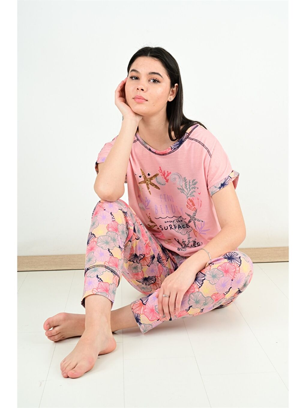 Pembe Bisiklet Yaka Baskılı Kadın Pijama Takımı-1