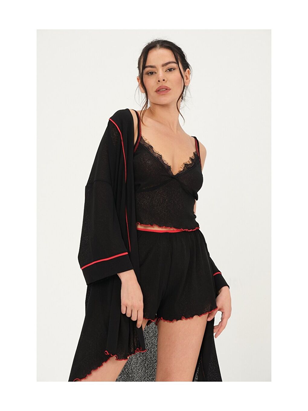 Siyah V Yaka İp Askılı Kadın Pijama Takımı-3