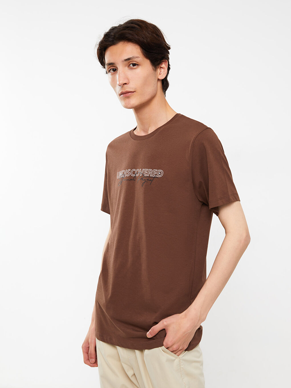 Kahverengi Bisiklet Yaka Kısa Kollu Baskılı Penye Erkek Tişört