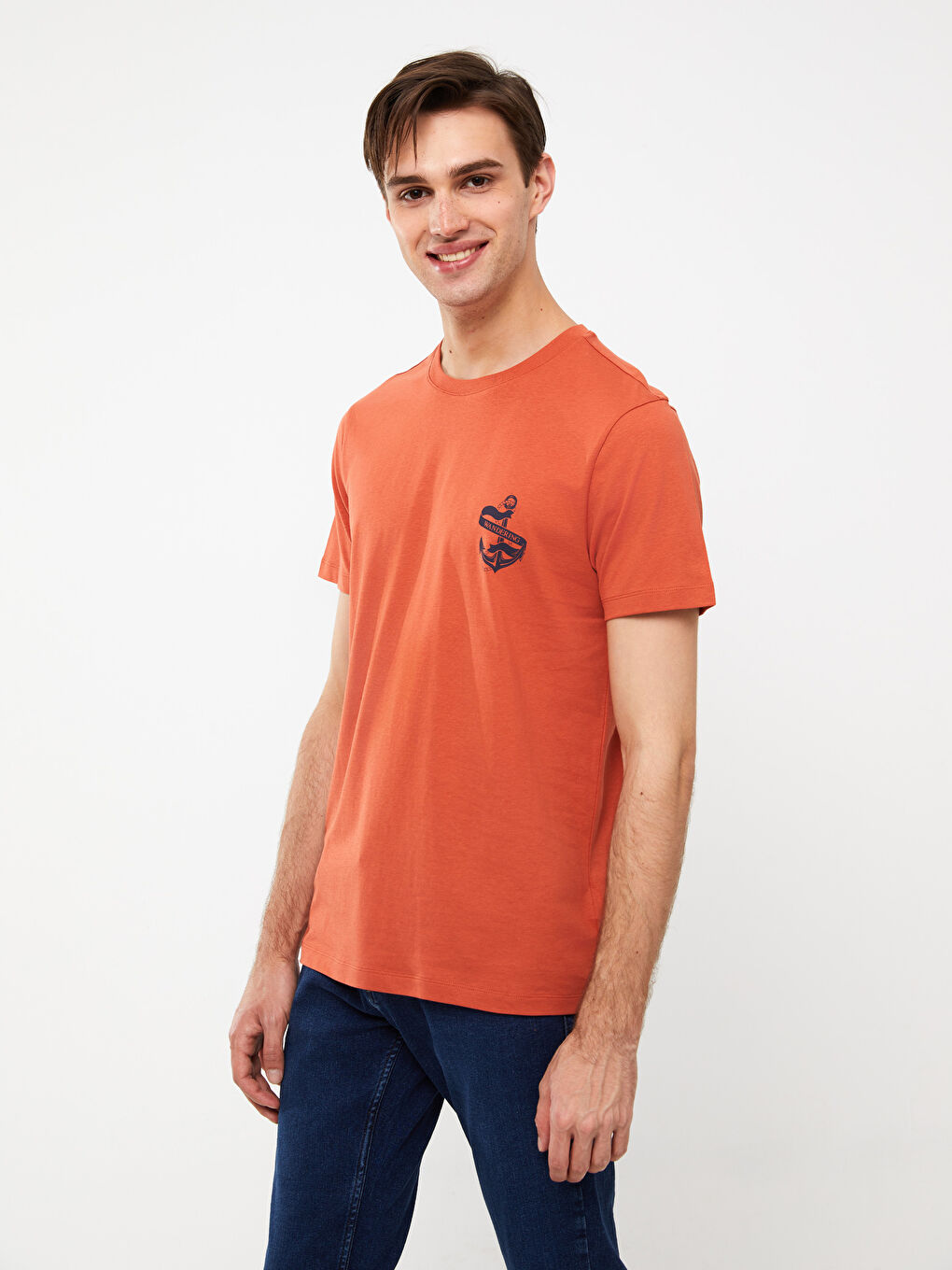 Turuncu Bisiklet Yaka Kısa Kollu Baskılı Penye Erkek Tişört