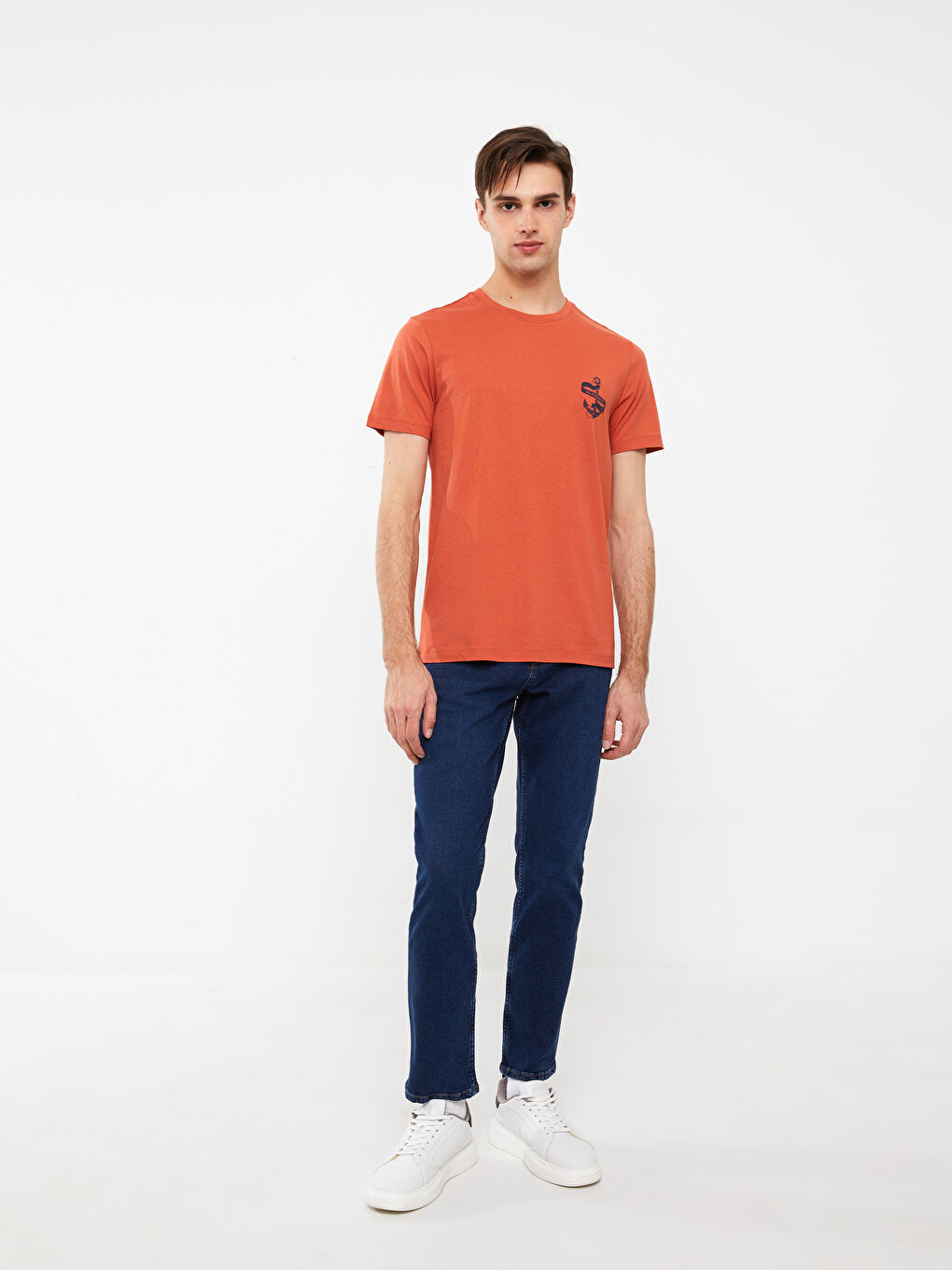 Turuncu Bisiklet Yaka Kısa Kollu Baskılı Penye Erkek Tişört-2