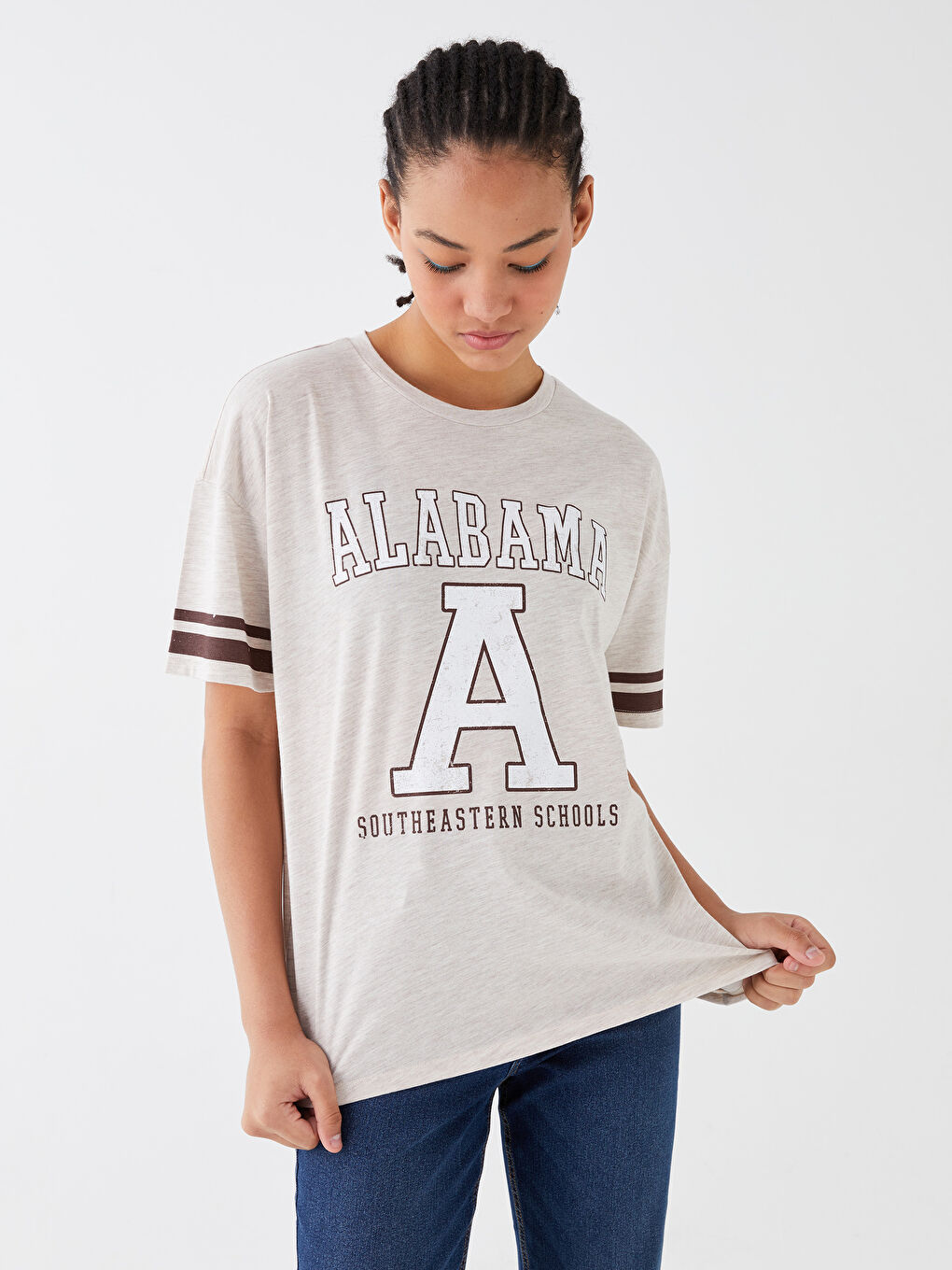 Bej Bisiklet Yaka Baskılı Kısa Kollu Kadın Tişört