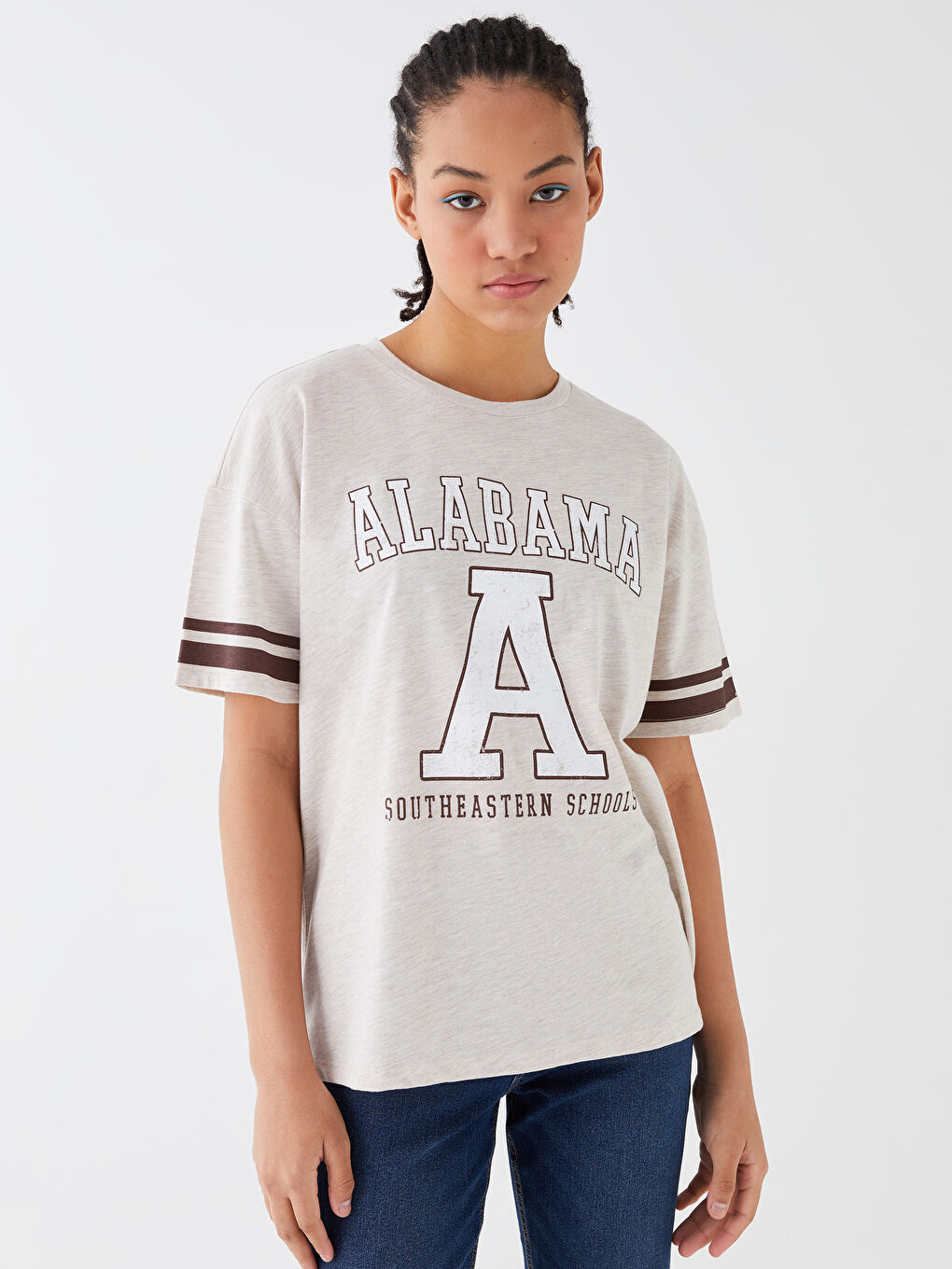 Bej Bisiklet Yaka Baskılı Kısa Kollu Kadın Tişört-1