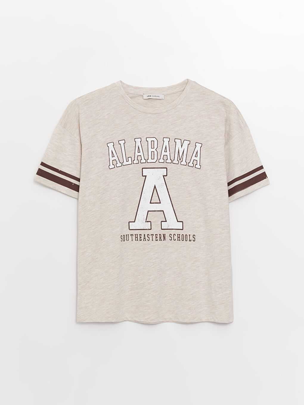 Bej Bisiklet Yaka Baskılı Kısa Kollu Kadın Tişört-5