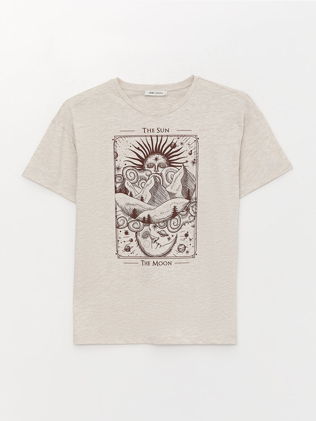 Bej Bisiklet Yaka Baskılı Kısa Kollu Kadın Tişört-5