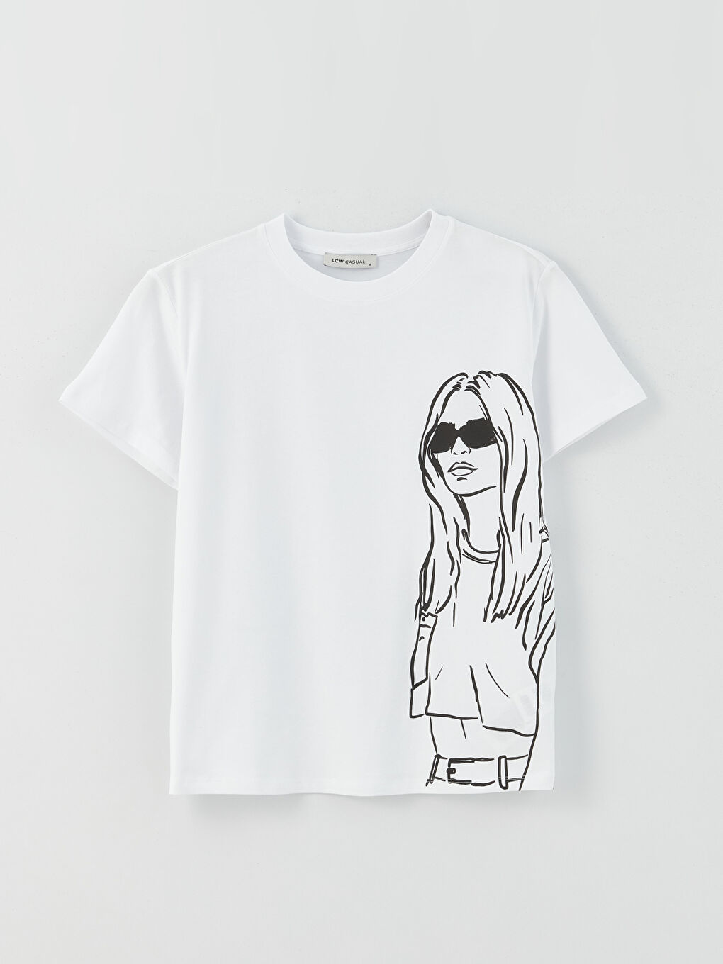 Beyaz Bisiklet Yaka Baskılı Kısa Kollu Kadın Tişört-5