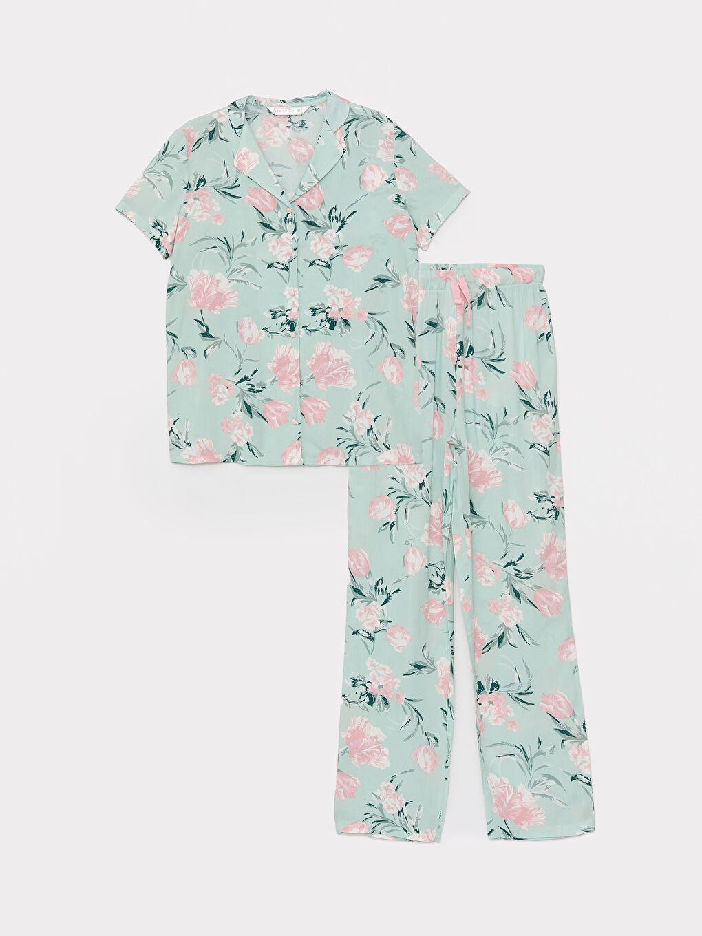 LCW DREAM Yeşil Gömlek Yaka Çiçekli Kısa Kollu Kadın Kaprili Pijama Takımı - 5