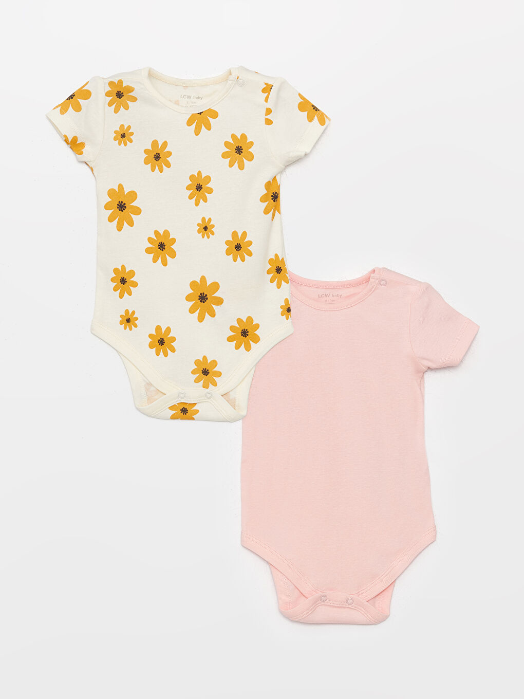 Ekru Bisiklet Yaka Kısa Kollu Desenli Kız Bebek Çıtçıtlı Bodysuit 2'li