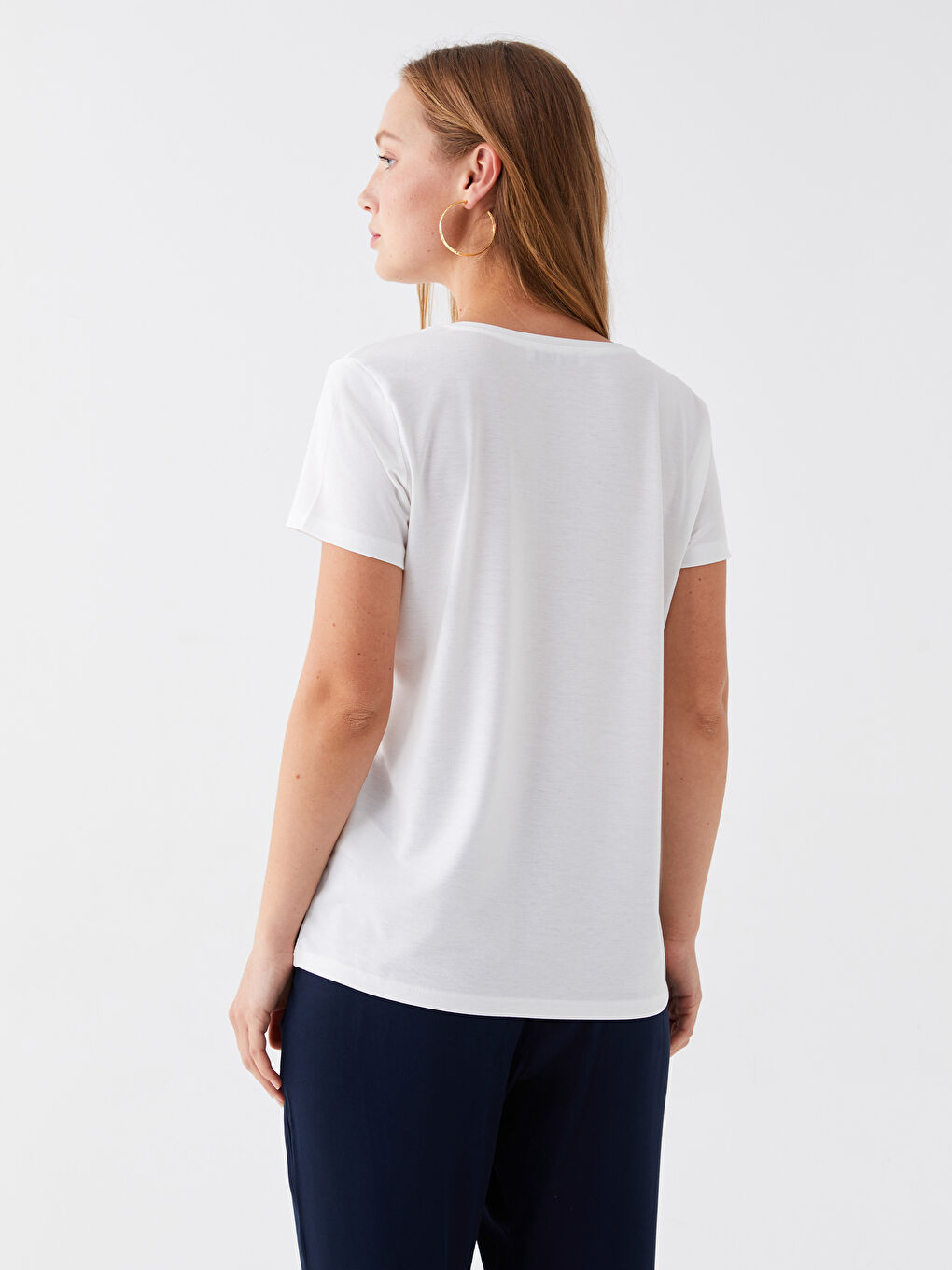 Ekru Bisiklet Yaka Baskılı Kısa Kollu Kadın Tişört-4