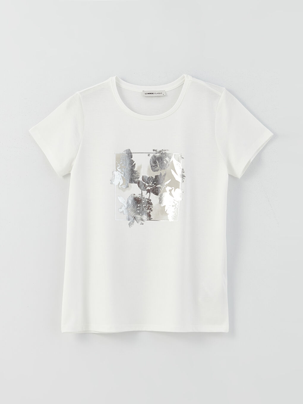 Ekru Bisiklet Yaka Baskılı Kısa Kollu Kadın Tişört-5