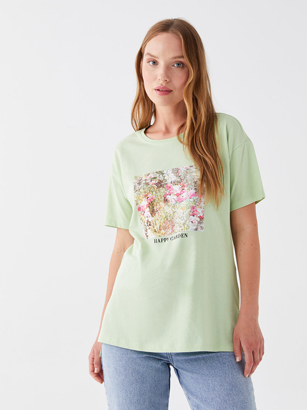 LCWAIKIKI Basic Bisiklet Yaka Baskılı Kısa Kollu Kadın Tişört