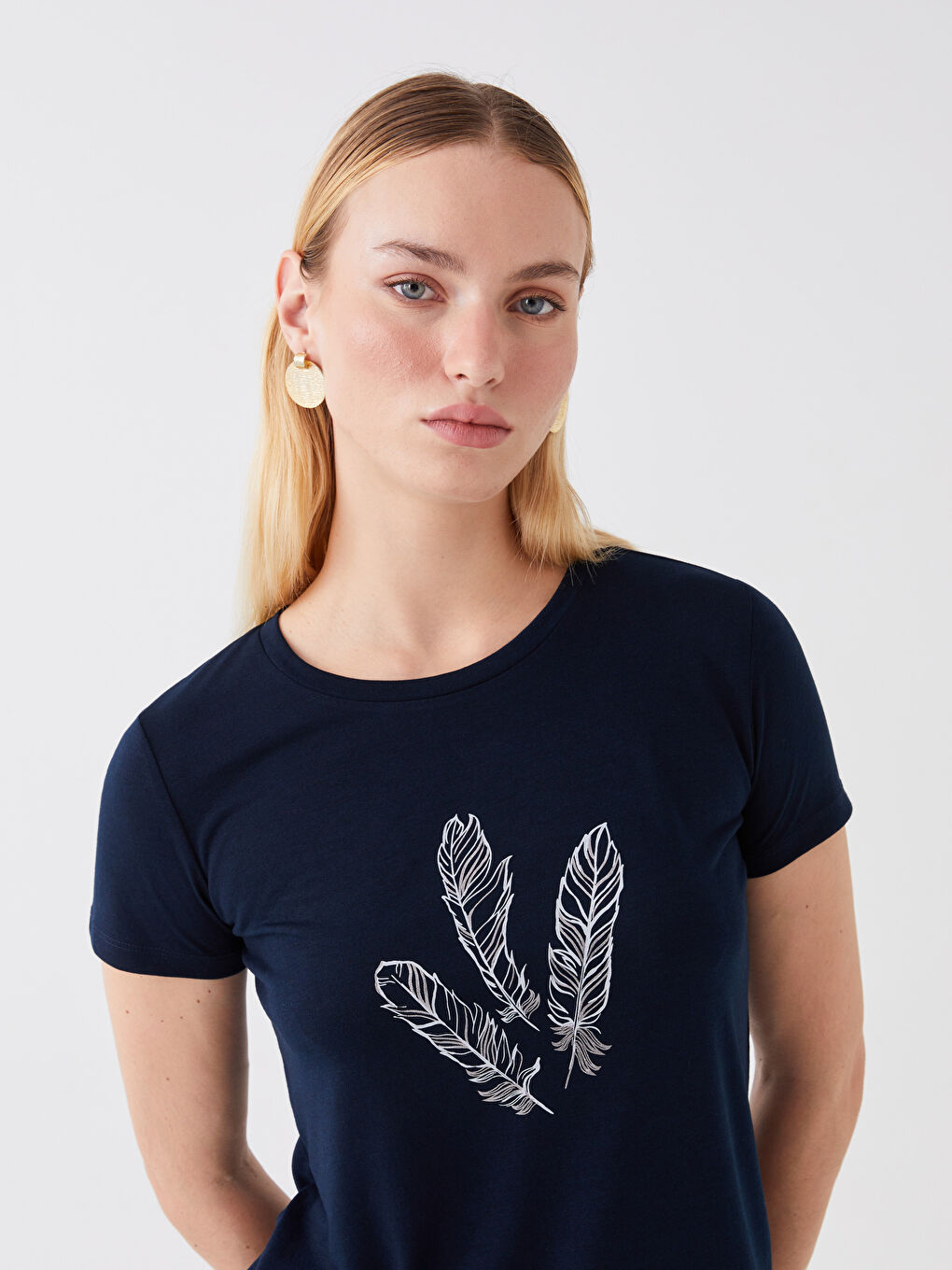 Lacivert Bisiklet Yaka Baskılı Kısa Kollu Kadın Tişört