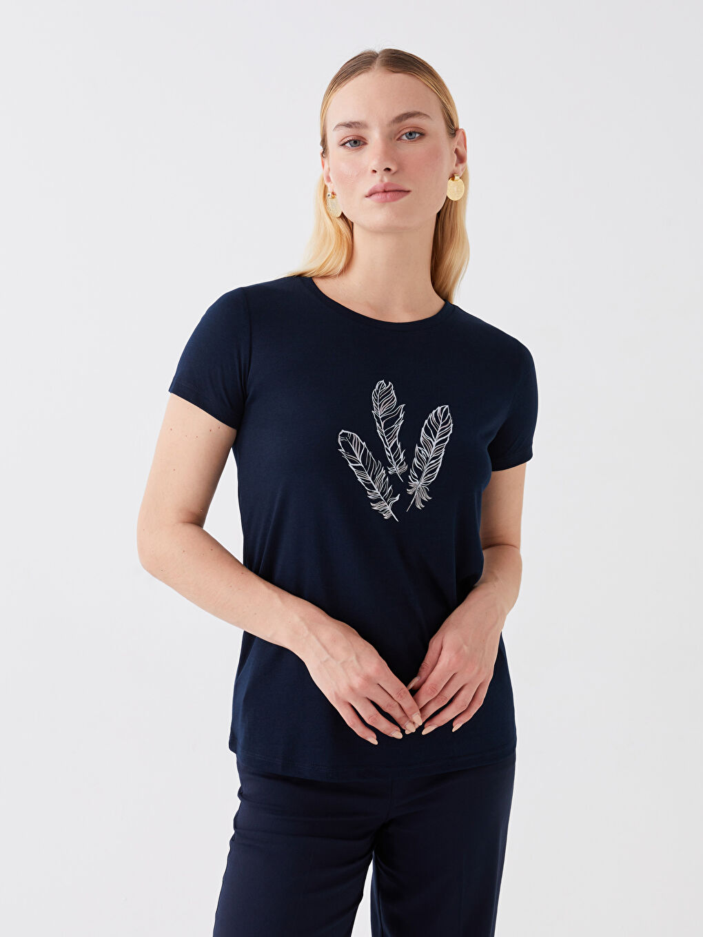 Lacivert Bisiklet Yaka Baskılı Kısa Kollu Kadın Tişört-1