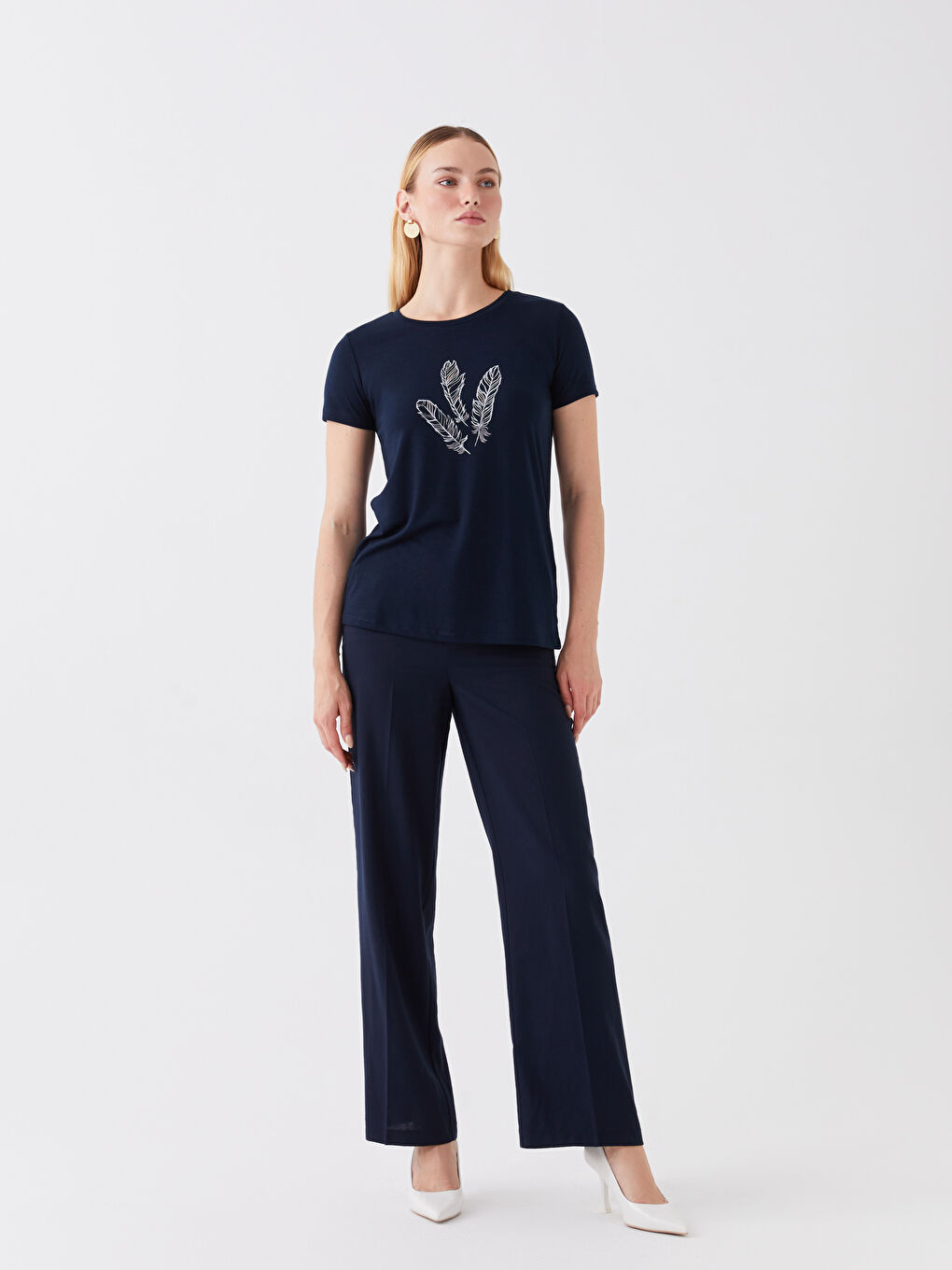 Lacivert Bisiklet Yaka Baskılı Kısa Kollu Kadın Tişört-2