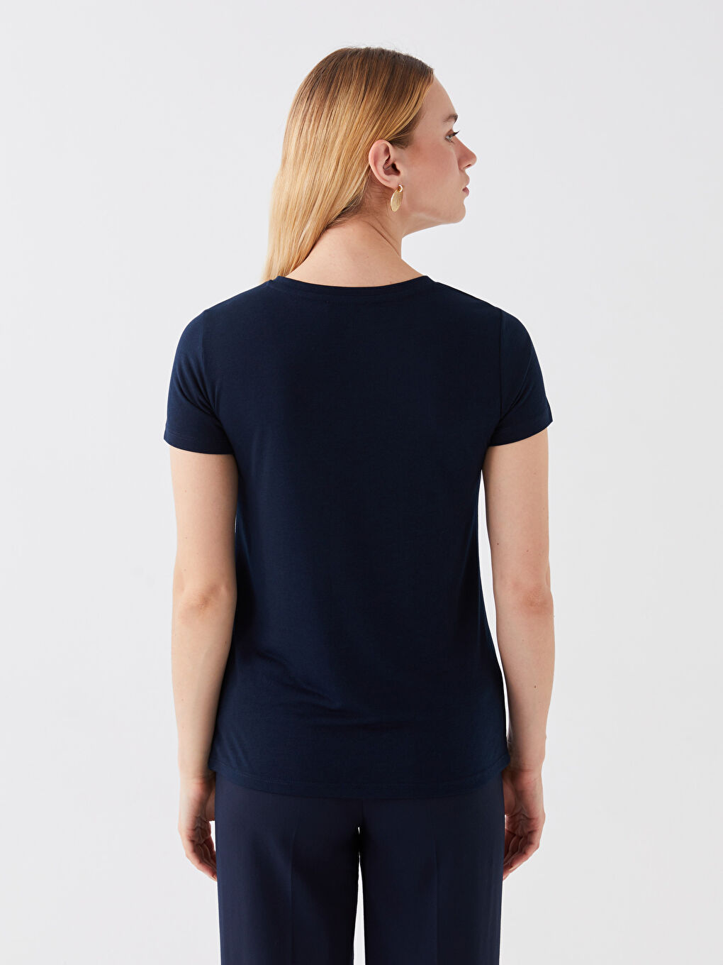 Lacivert Bisiklet Yaka Baskılı Kısa Kollu Kadın Tişört-4