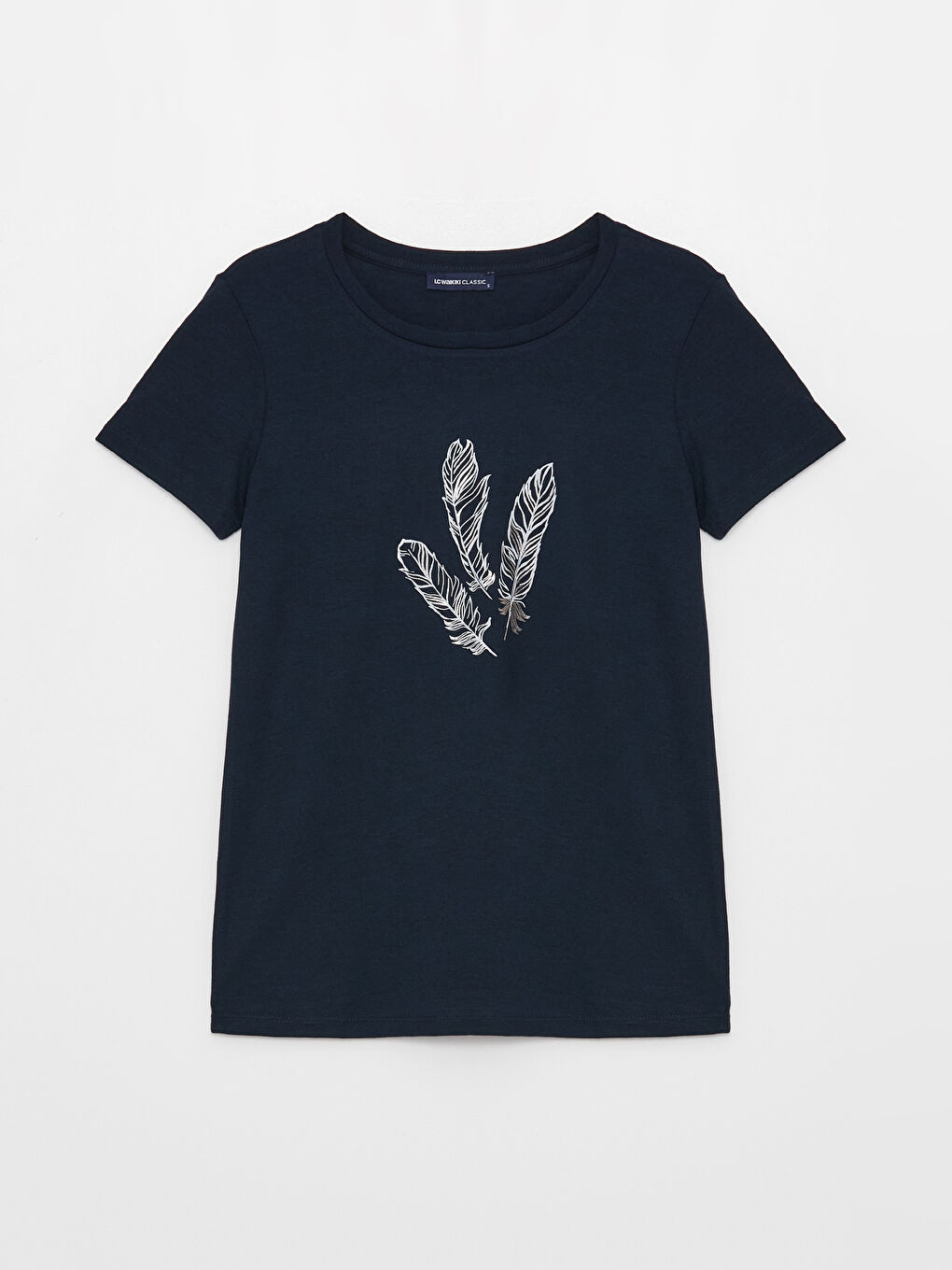 Lacivert Bisiklet Yaka Baskılı Kısa Kollu Kadın Tişört-5