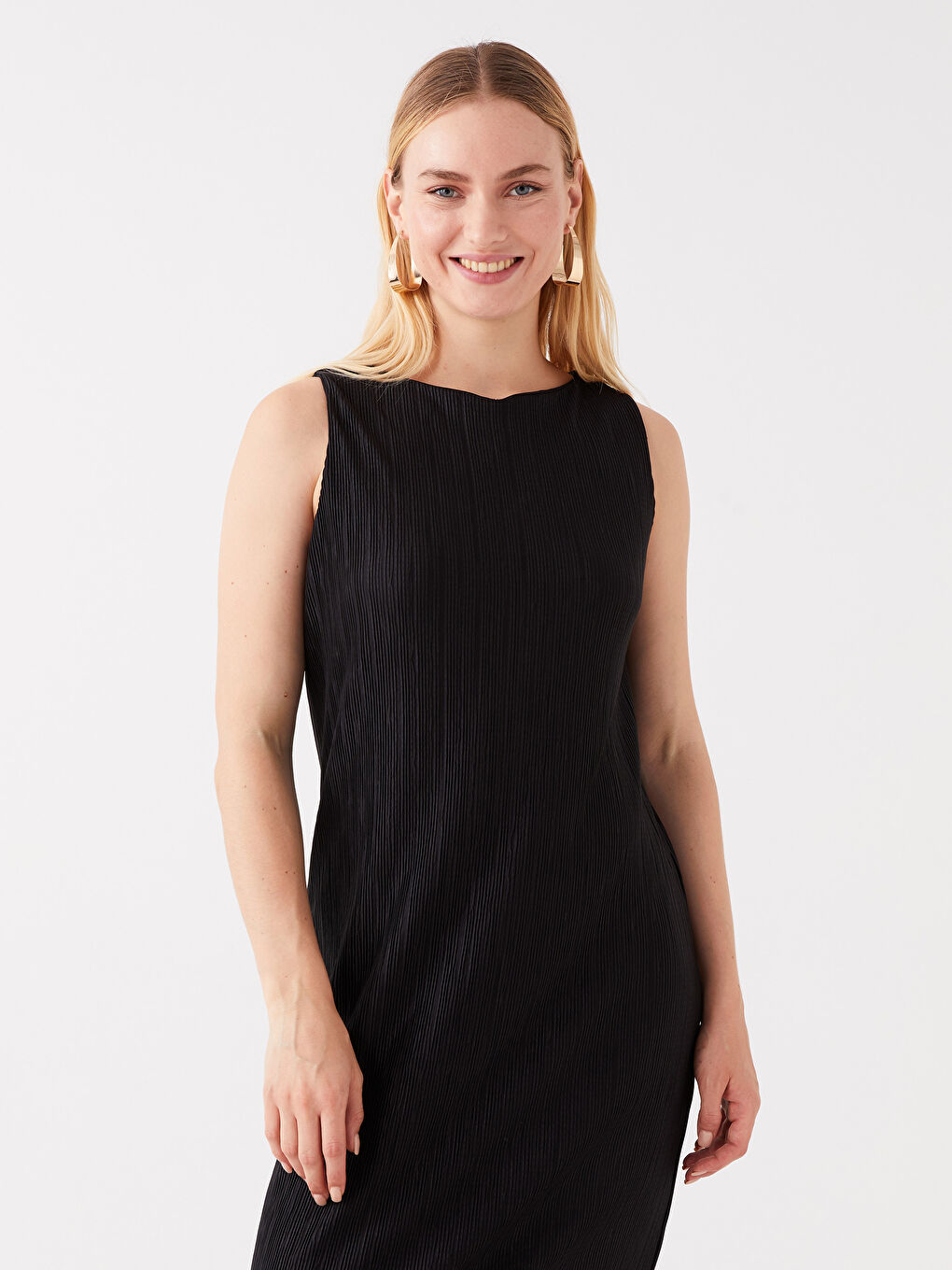 Siyah Kadın Bisiklet Yaka Düz Elbise-2