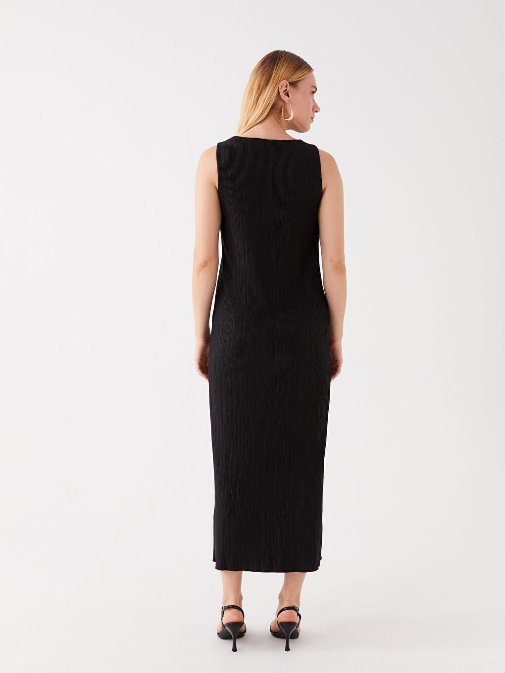 Siyah Kadın Bisiklet Yaka Düz Elbise-4