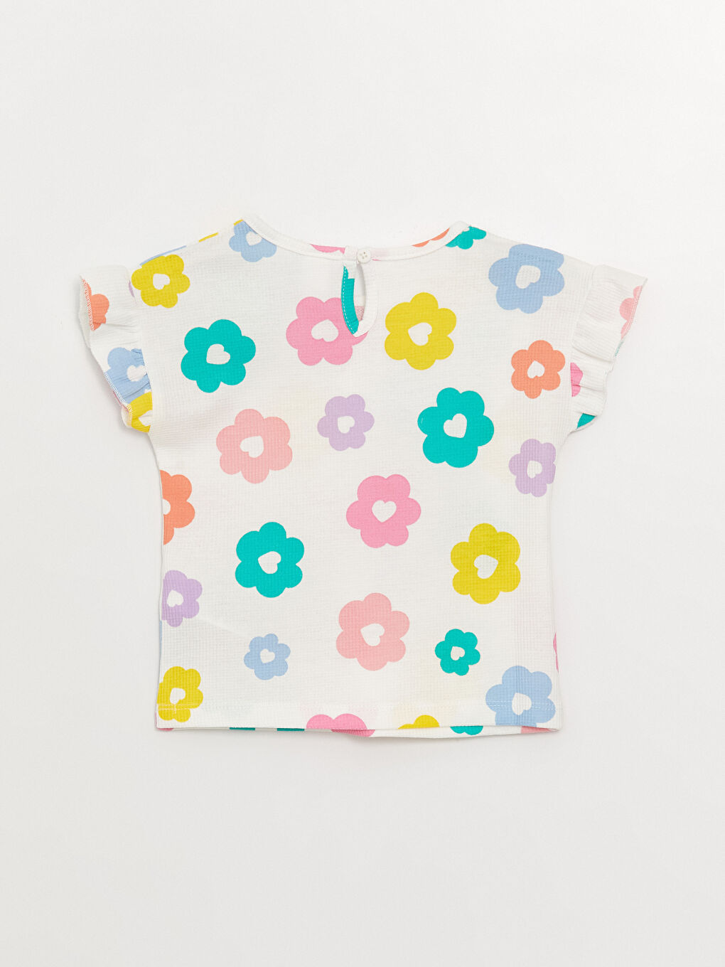 Ekru Bisiklet Yaka Çiçek Desenli Kız Bebek Tişört-2