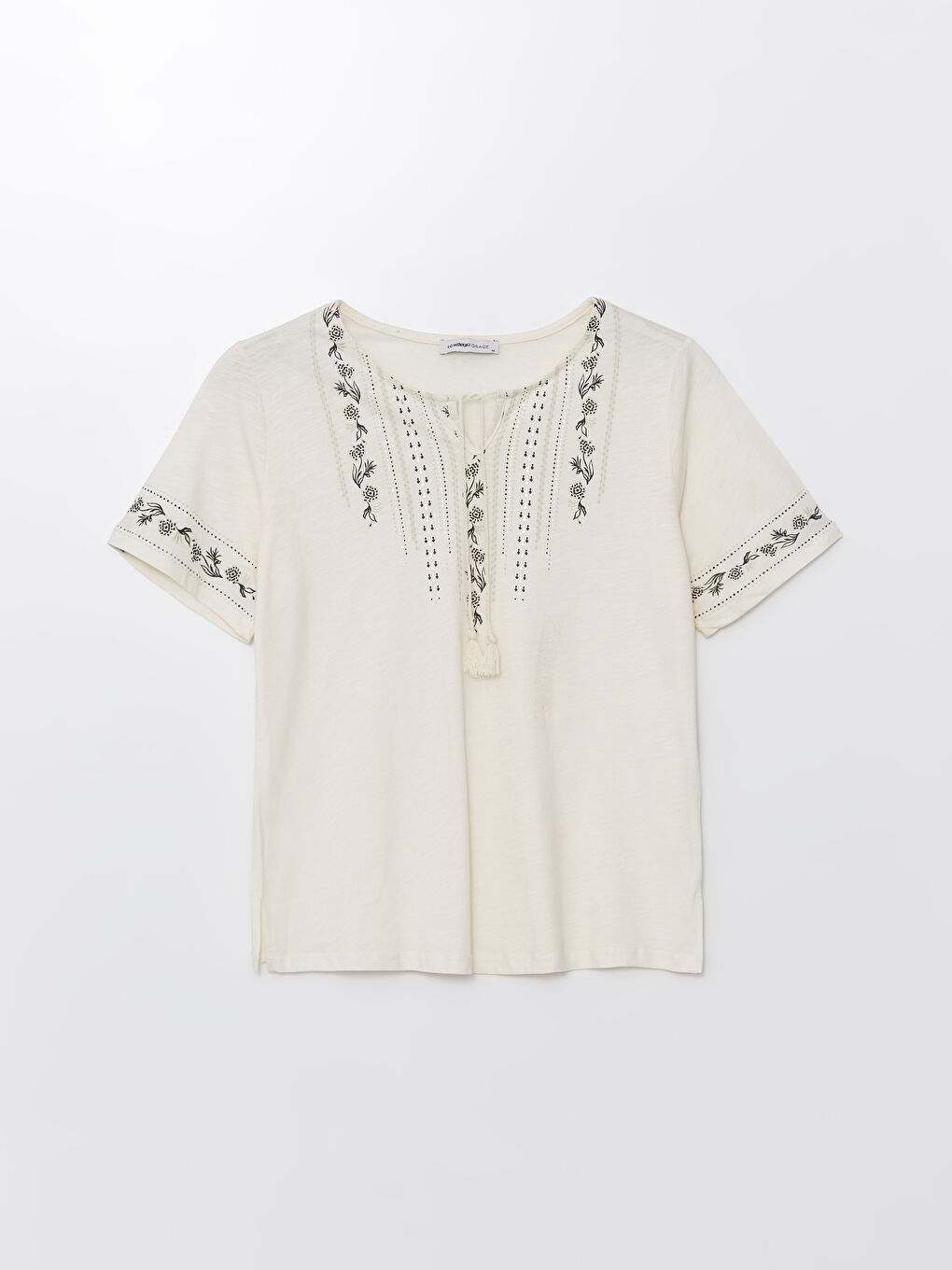 Ekru Bağlamalı Yaka Desenli Kısa Kollu Kadın Bluz-5