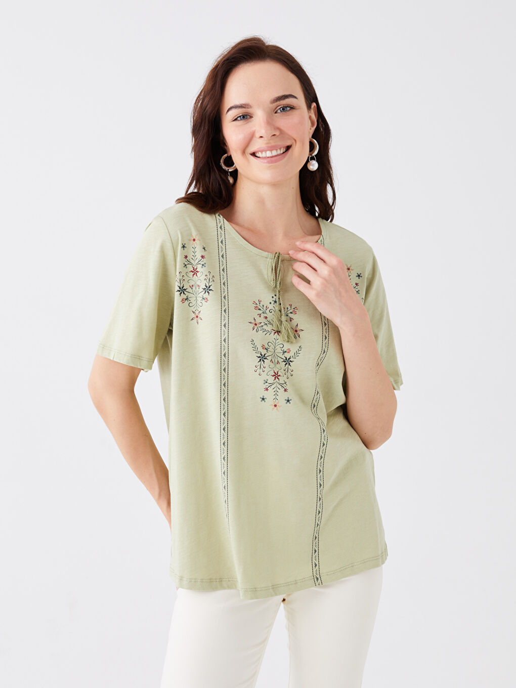 Tie Neck Patterned Short Sleeve Women's Blouse