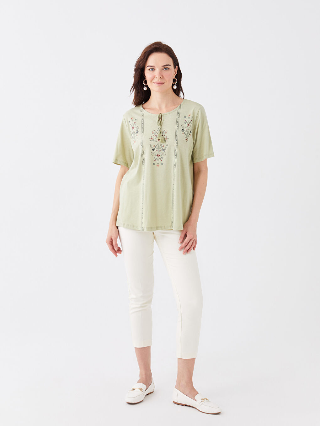 Tie Neck Patterned Short Sleeve Women's Blouse-2