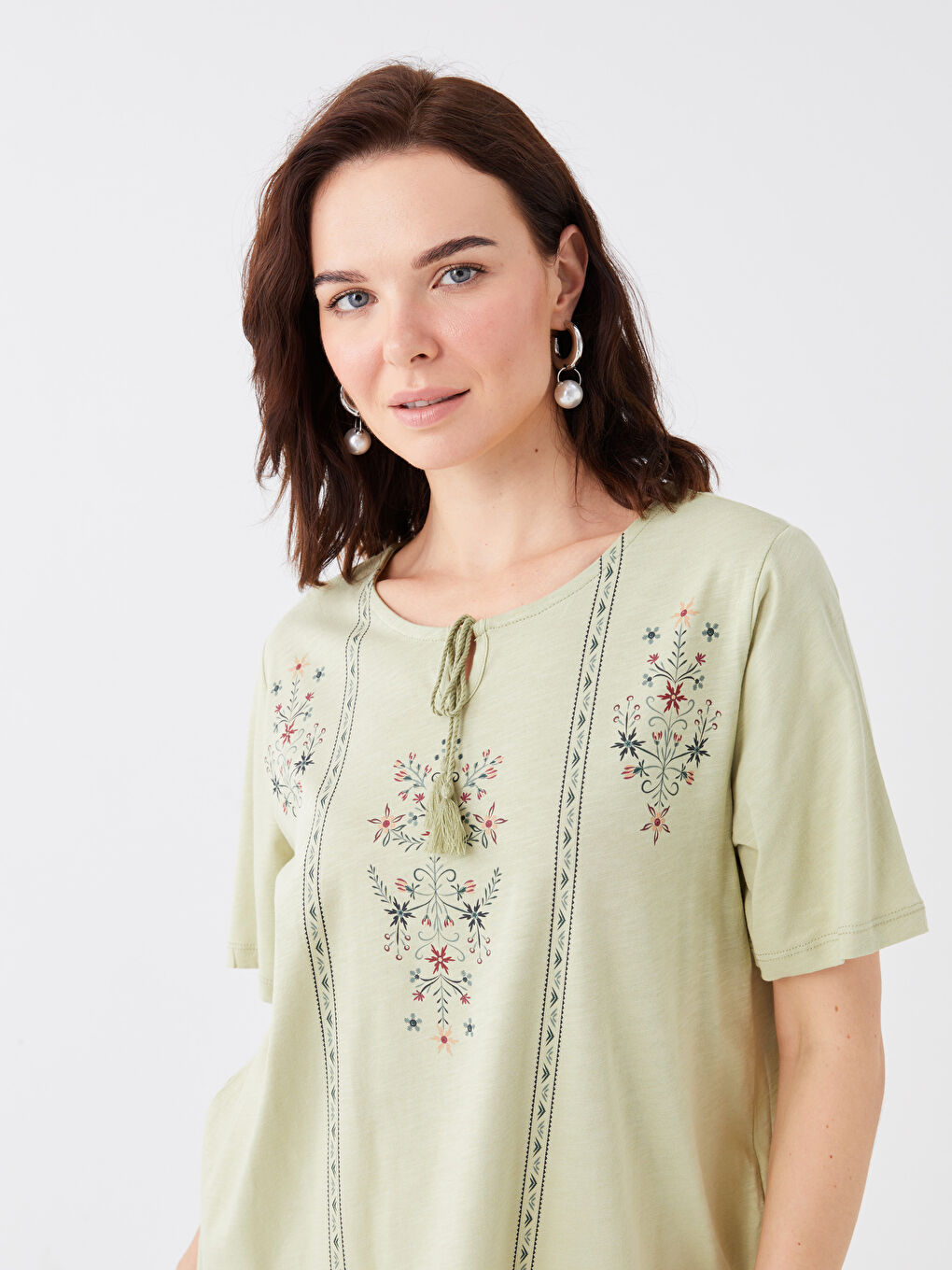 Tie Neck Patterned Short Sleeve Women's Blouse-4