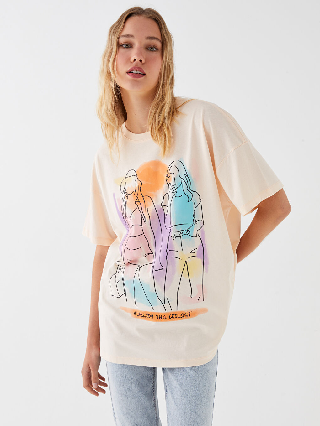 Crew Neck Printed Short Sleeve Oversize Women's T-Shirt