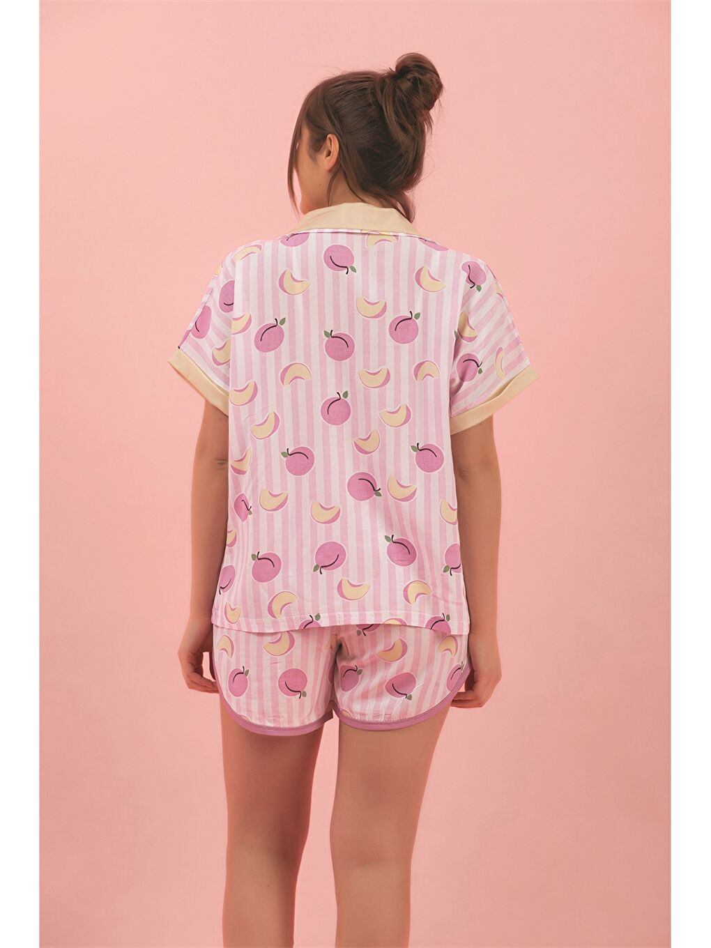 Pembe Gömlek Yaka Baskılı Kadın Pijama Takımı-1