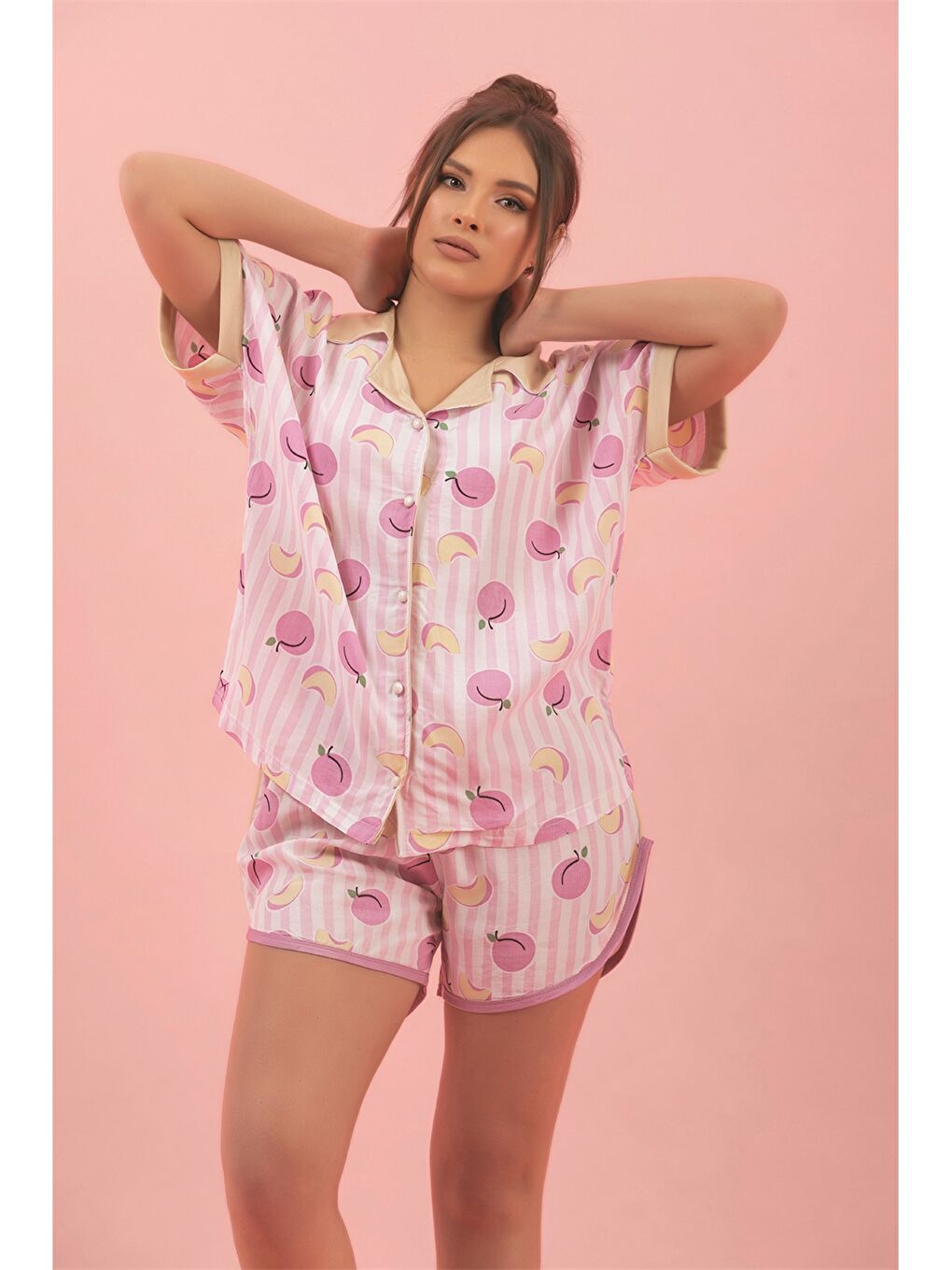 Pembe Gömlek Yaka Baskılı Kadın Pijama Takımı