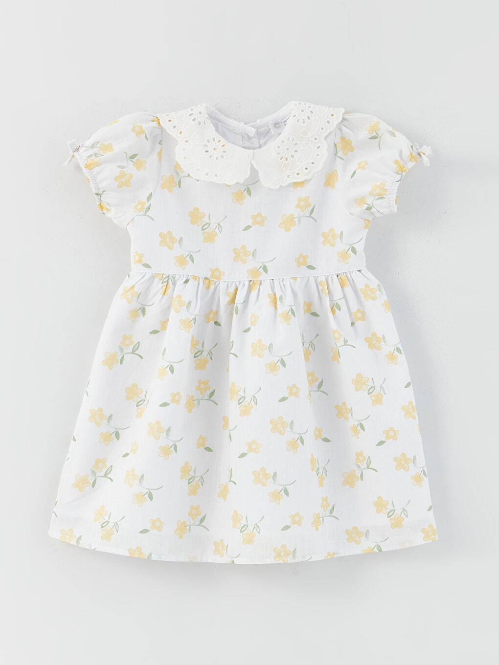 Sarı Bebe Yaka Kısa Kollu Desenli Kız Bebek Elbise